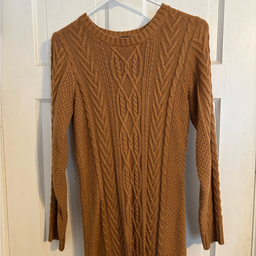 Cable Knit Sweater Dress - rust/burnt orange color. Hits at knee